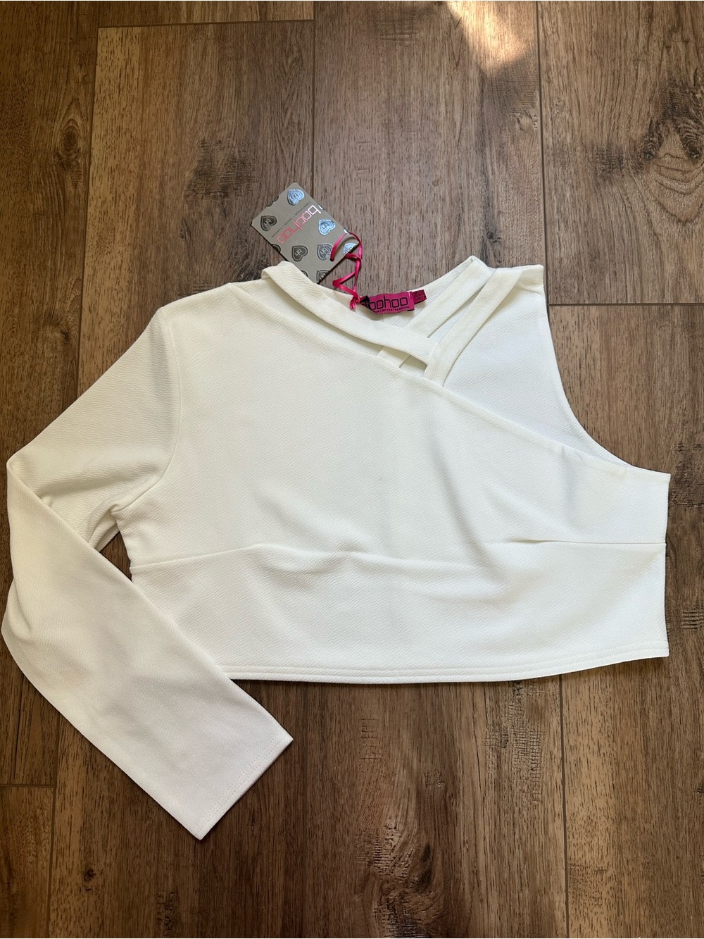 Boohoo Women's Cropped Blouse, One Shoulder, Criss Cross Straps, White, Size 18